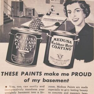 1950 Medusa Paints Happy Housewife Boys Playing Ping Pong Original Vtg PRINT AD